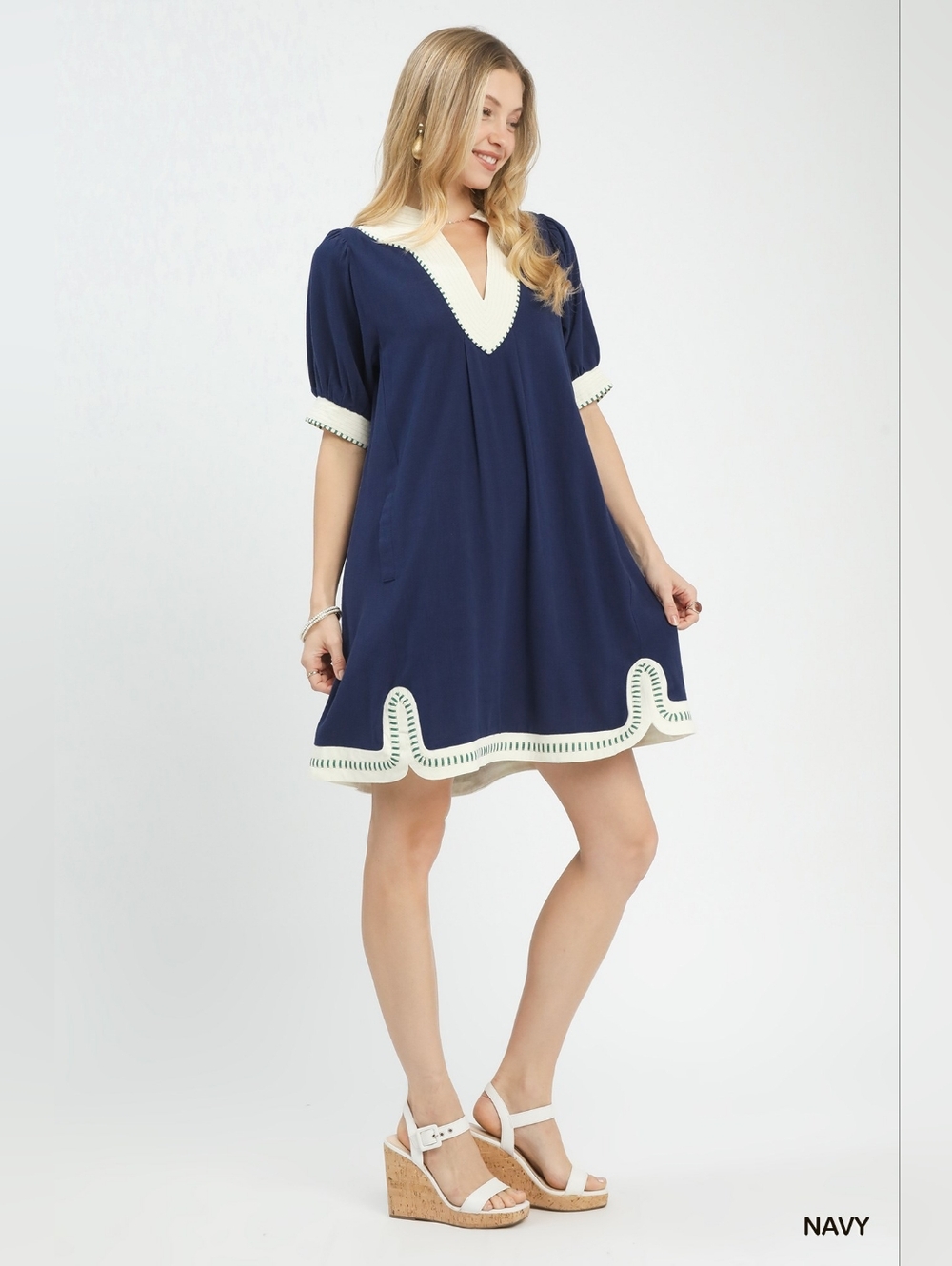 Umgee Linen Contrast Trim Midi Dress
